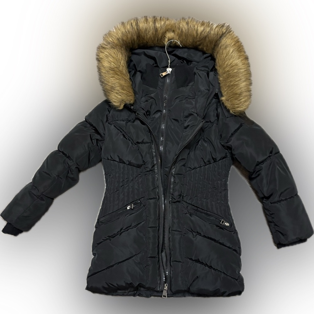 Mountain Ridge Black Puffer Jacket with Faux Fur Hood